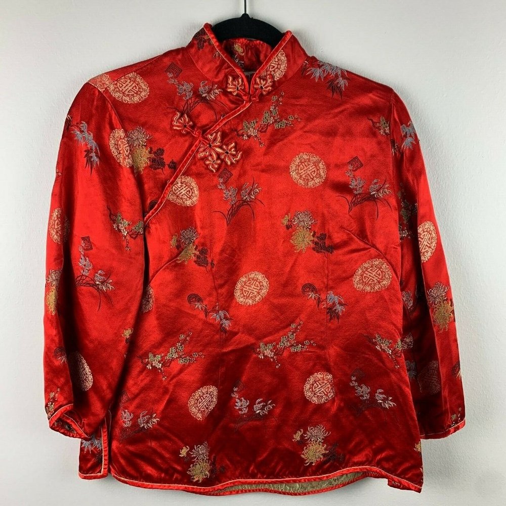 Peony Brand Shanghai China Womens Vintage Kimono Jacket Red Floral Sz 40